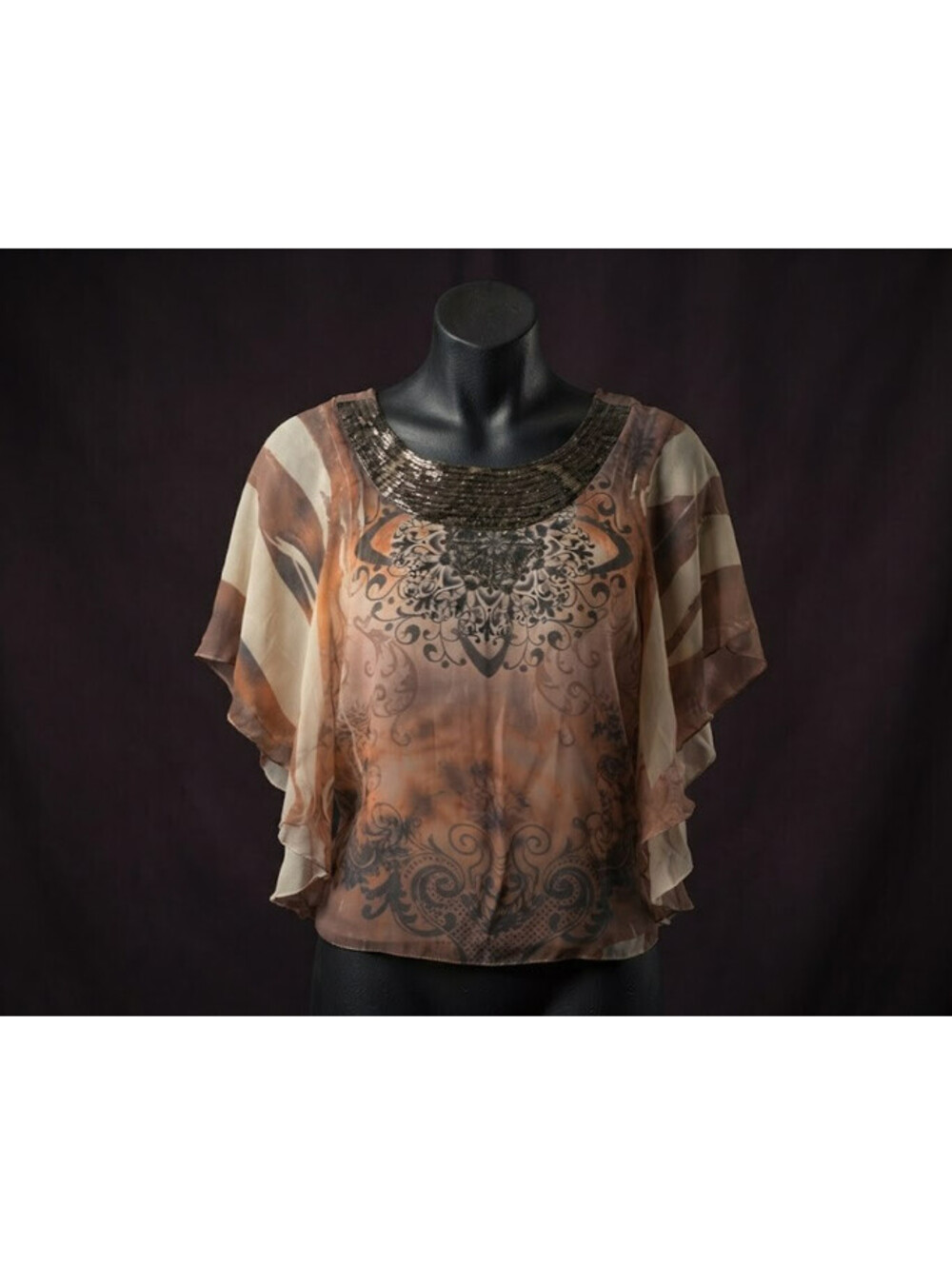 Cato Boho Sequin & Print Flowy Flutter Sleeve Top – Size M
